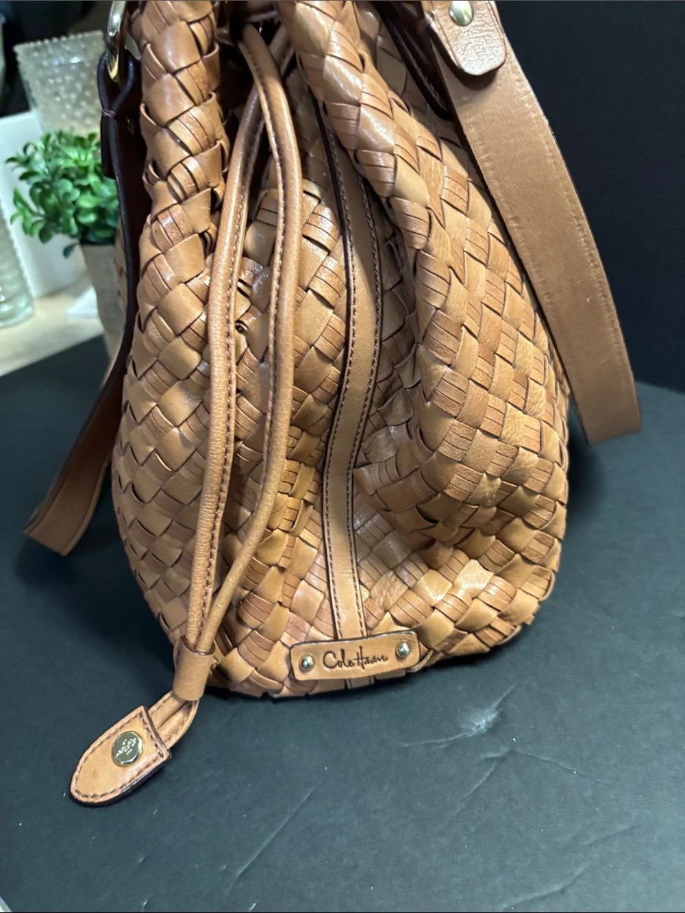 Cole Haan Woven Leather Hobo Bag - Cognac Tan